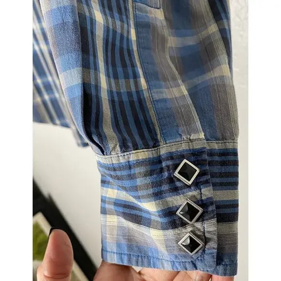 Lucky Brand Men's Pearl Snap Button Up Rockabilly Shirt Western Rodeo Blue Gray - Picture 4 of 8